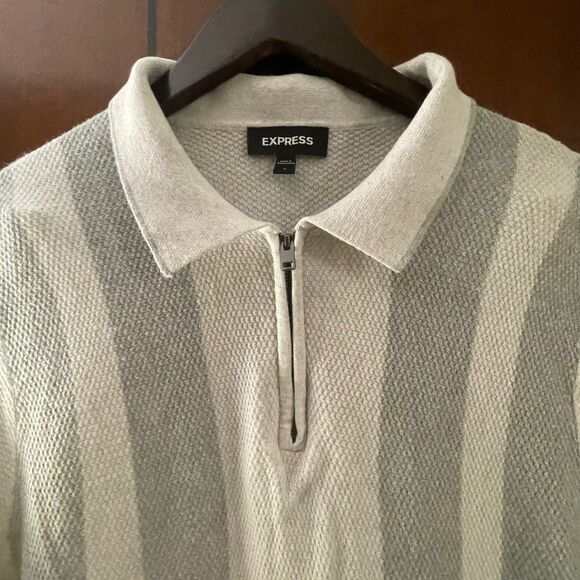Express Men's Stripe Knit Gray Zip Stretch Short Sleeves Polo Tee Sweater Size L - Picture 9 of 9